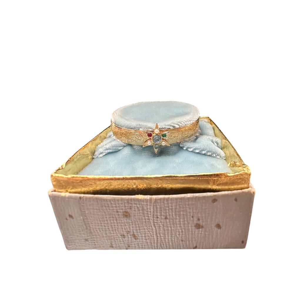 Antique Gold Tone Engraved Infant Baby Bangle Bracelet - 2" Multi Stone Pearl